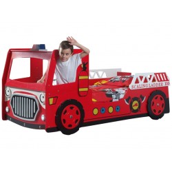 Pat Masina de Pompieri Fire Truck CarBed cu LED-uri - Pat din lemn in forma de masina Pompieri Deluxe MDF High Gloss